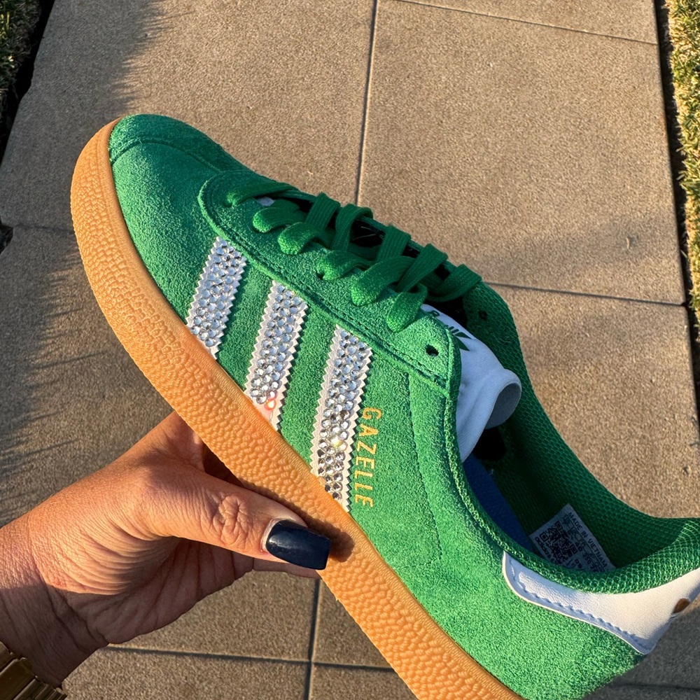 NWT Adidas Gazelle Green Sneakers with Rhinestone Stripes